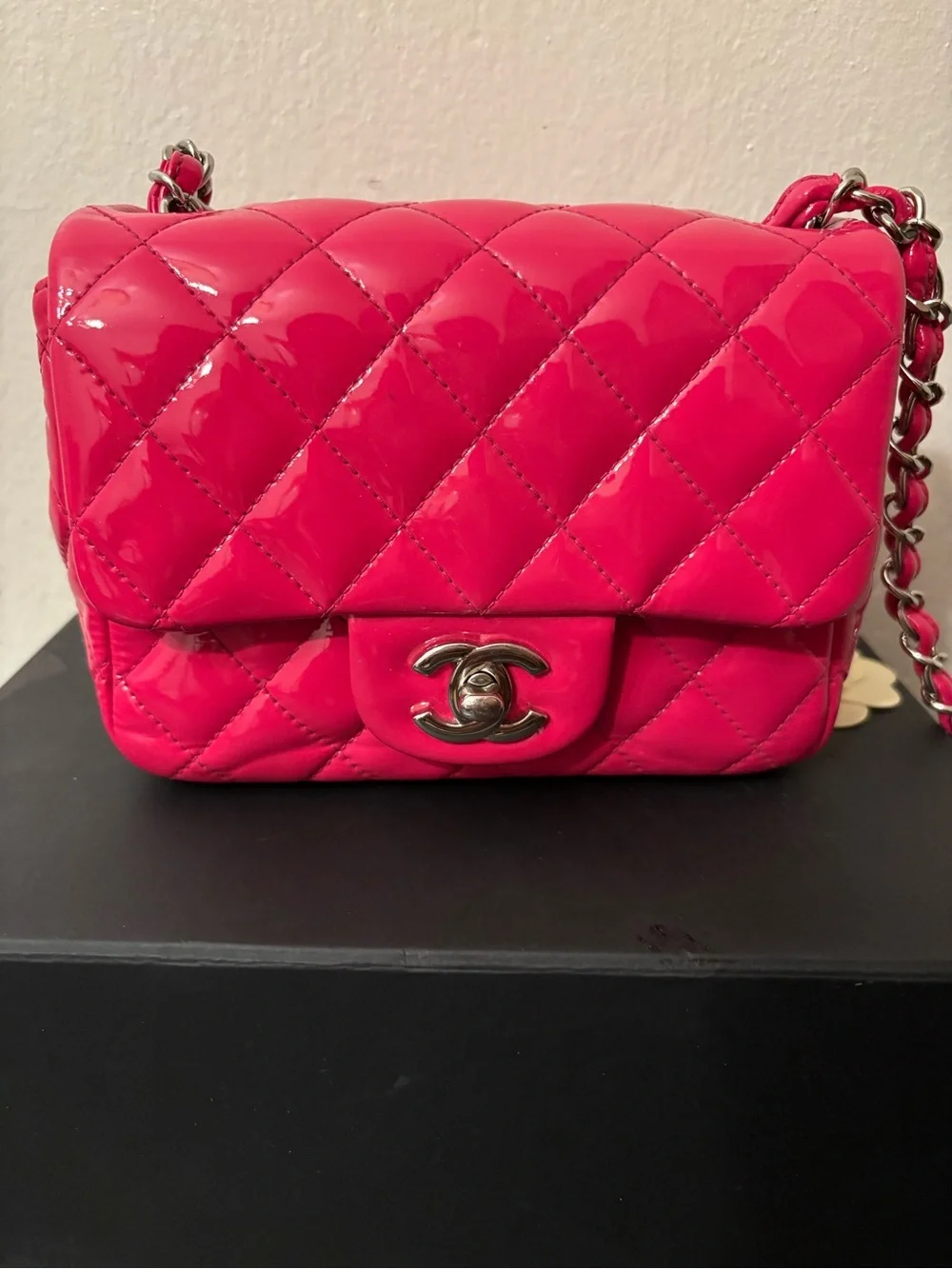 CHANEL Hot Pink Quilted Patent Leather Flap Shoulder Bag